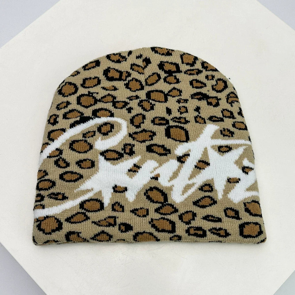 Corteiz Script Leopard Print Knit Beanie – Tan / White / Blue