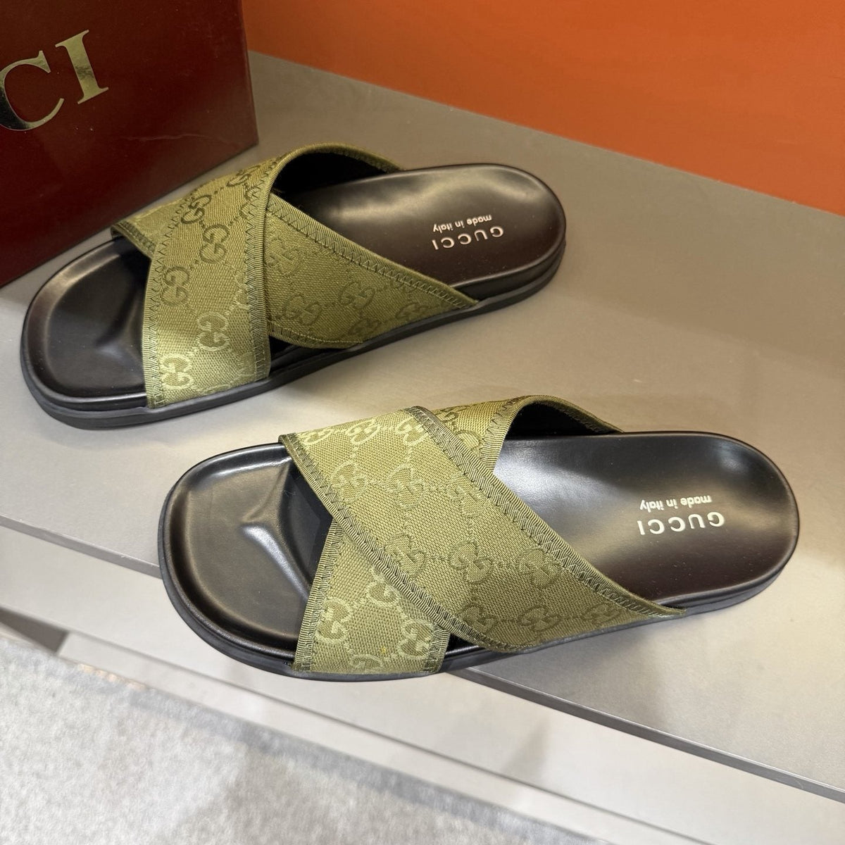 Gucci Men's Patterned Cross-Strap Slide Sandals