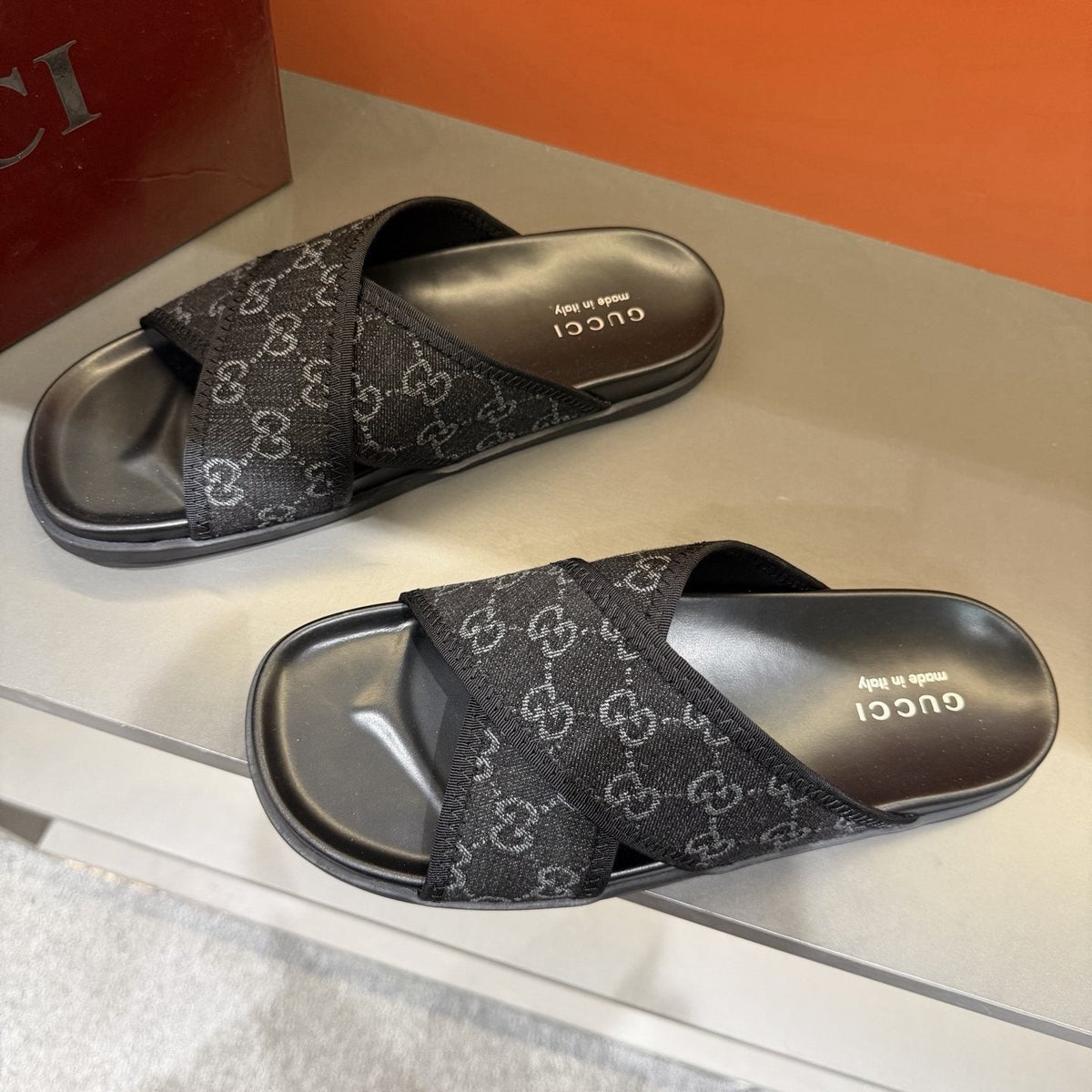 Gucci Men's Patterned Cross-Strap Slide Sandals